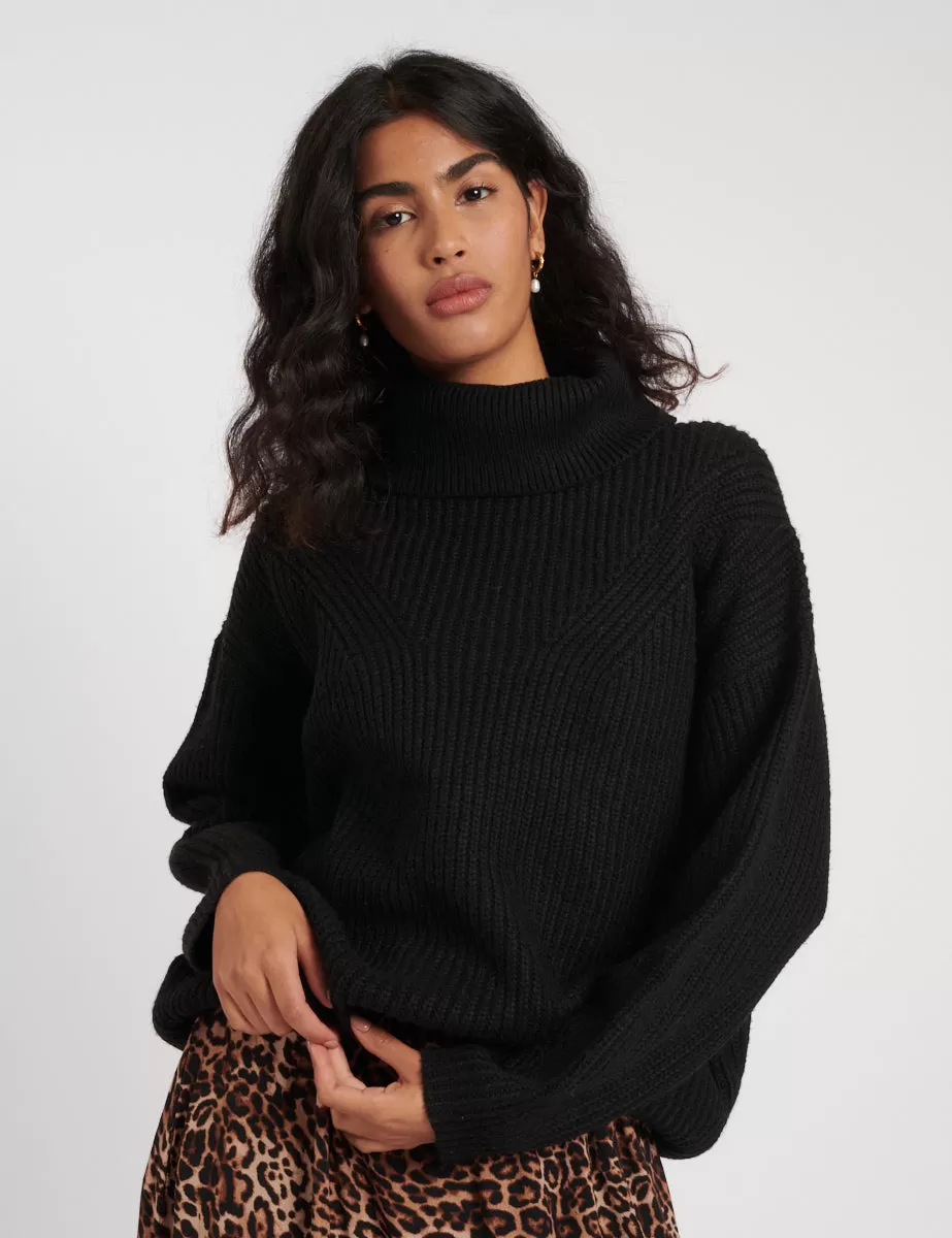 Black Roll Neck Longline Knitted Jumper