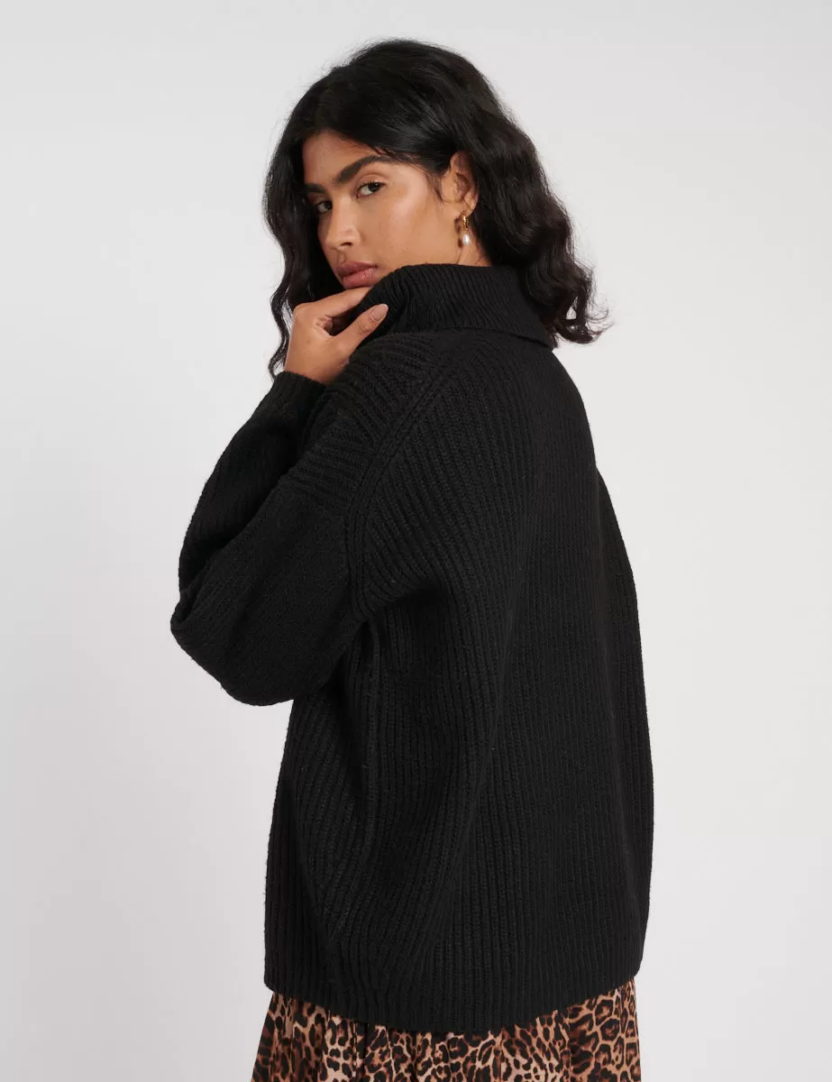 Black Roll Neck Longline Knitted Jumper