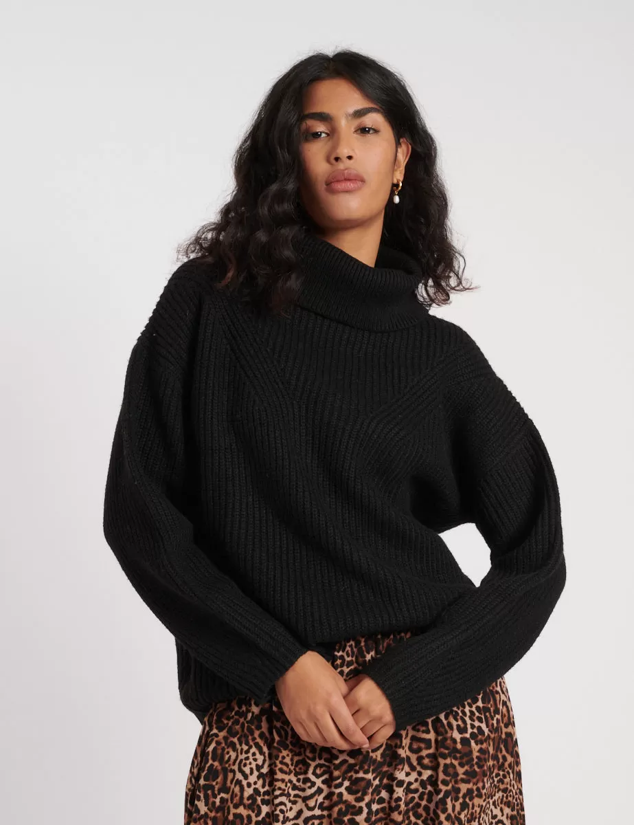 Black Roll Neck Longline Knitted Jumper