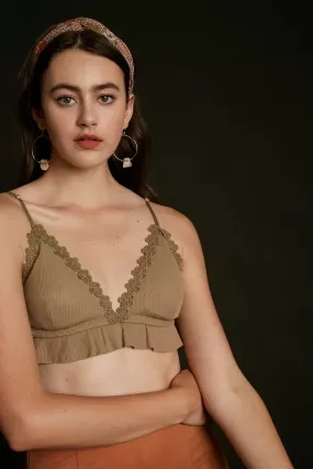 Bralette - Ribbed Floral Lace - Light Olive