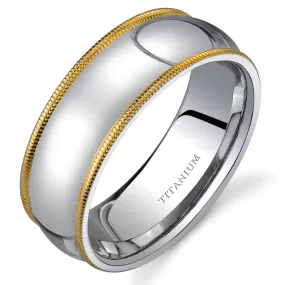 Classic Two-Tone 8mm Men's Genuine Titanium Band, Milgrain Edge, Comfort Fit, Size 12.5