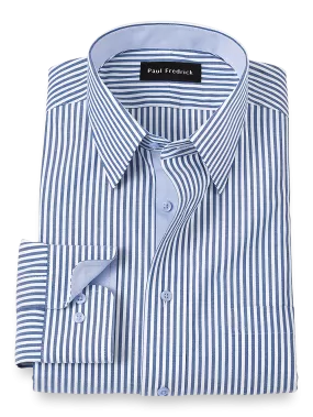 Comfort Stretch Non-Iron Stripe Dress Shirt With Contrast Trim - Cobalt