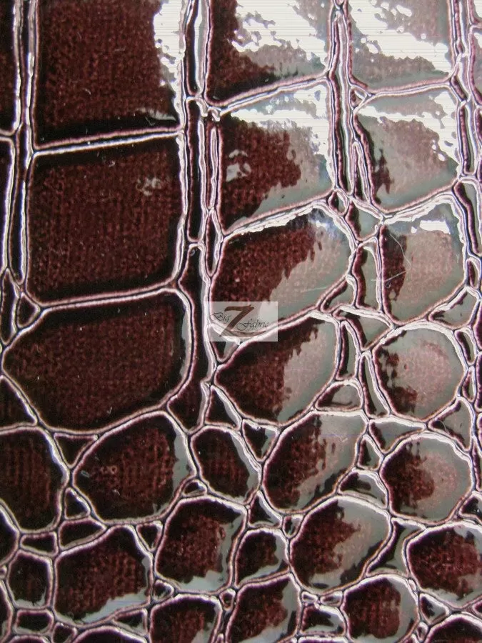 Dark Burgundy Vinyl Embossed Shiny Alligator Fabric / Sold By The Yard