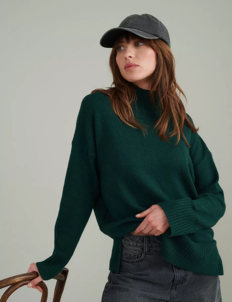 Green Funnel Neck Longline Knitted Jumper