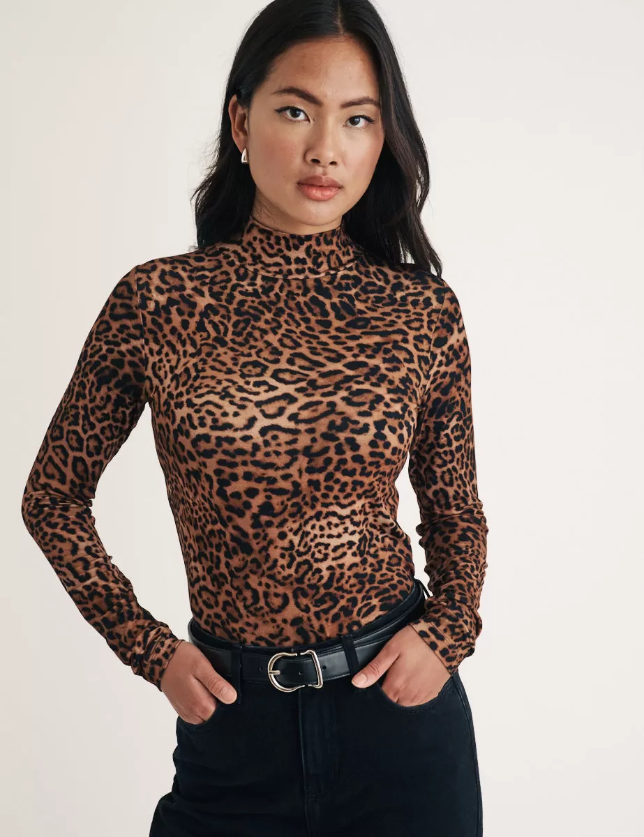 Leopard Print Funnel Neck Long Sleeve Top