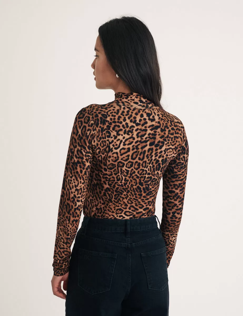 Leopard Print Funnel Neck Long Sleeve Top